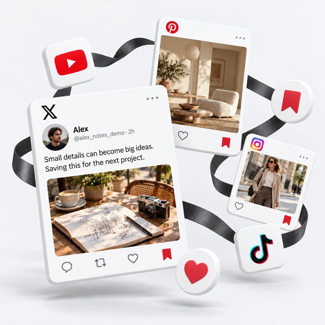Concept collage connecting social-media post cards, photos, platform icons, hearts and saved bookmarks with a charcoal ribbon.